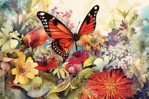 Butterfly in nature with vibrant flowers and botanical flora  close-up illustration. Generative AI