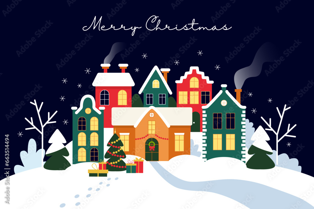 Christmas and Happy New Year winter landscape with houses. Village, houses, Christmas trees, snow on dark background.