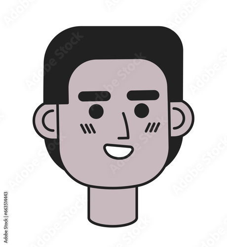 Black young man front view black and white 2D vector avatar illustration. African american excited man outline cartoon character face isolated. Joyful guy flat user profile image, portrait male