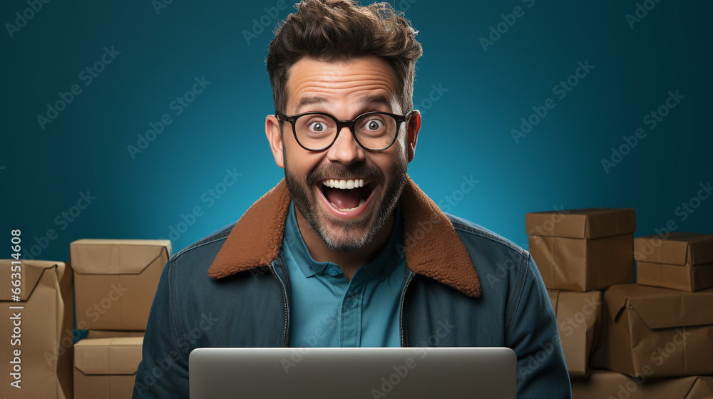 man with beard laughing and working on a laptop against colorful background with parcels in the background man with beard laughing and working on a laptop against colorful background with parcels in the background