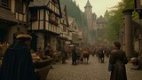 Retro street view of an old medieval german style gothic  foggy city with people and vendors