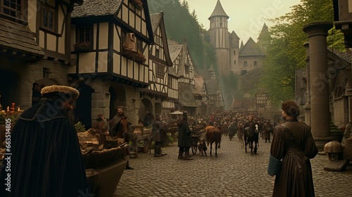 Retro street view of an old medieval german style gothic foggy city with people and vendors