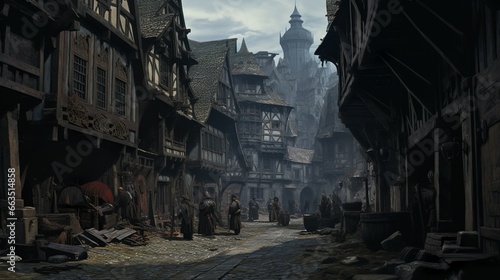 Retro street view of an old medieval german style gothic  foggy city with people and vendors