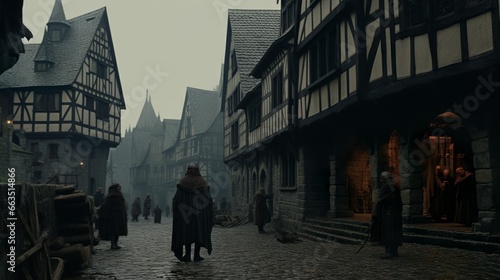 Retro street view of an old medieval german style gothic foggy city with people and vendors