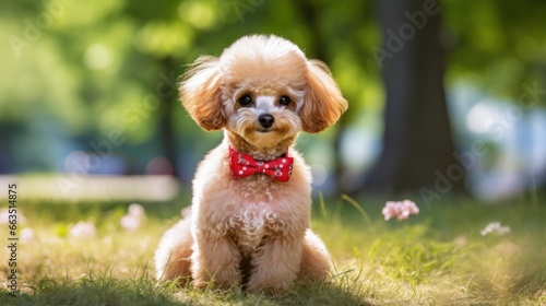 Poodle with a classic summer cut, sittin pretty with a red bow