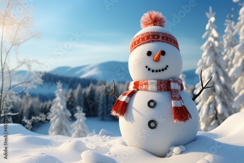 joyful snowman on a background of winter snow © olegganko