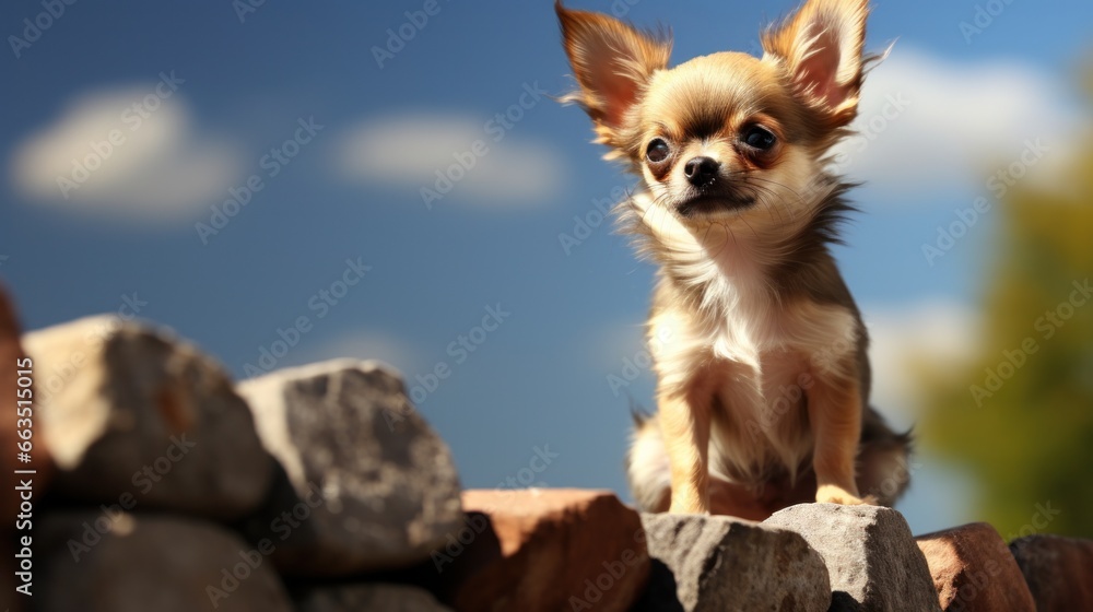 Chihuahua with a spunky and fun Mohawk cut, standing on a brick wall Chihuahua with a spunky and fun Mohawk cut, standing on a brick wall