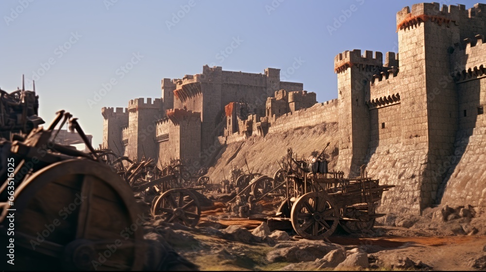 Fototapeta premium Medieval castle under siege by catapults and ladders and battering rams battle scenery
