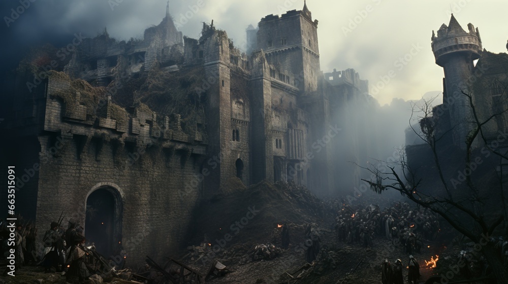Medieval castle under siege in fantasy landscape