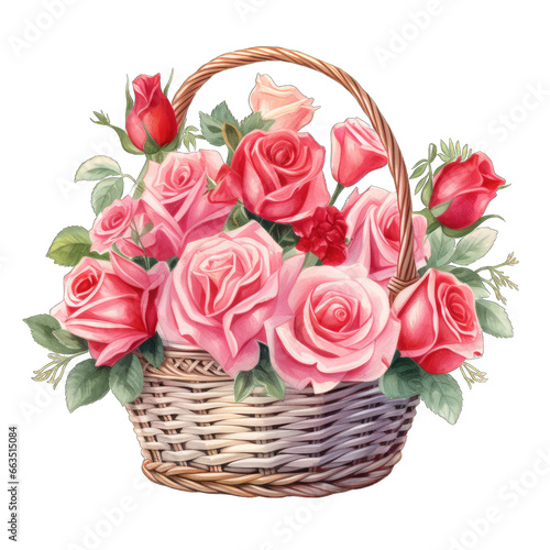 Basket of pink and red roses, Valentine's Day illustration, isolated on transparent background