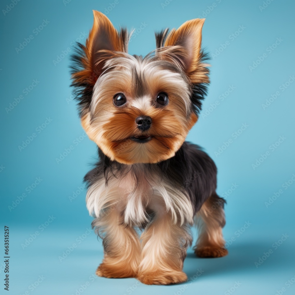Yorkshire terrier with a sleek and modern puppy cut on Yorkshire terrier with a sleek and modern puppy cut on