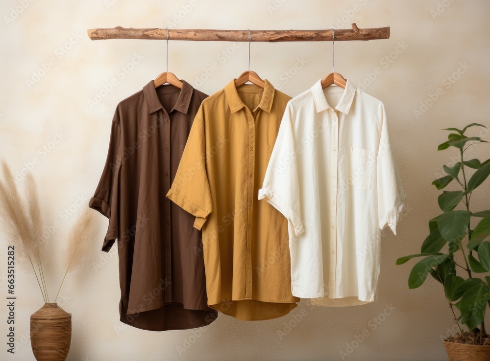 three dress shirts hanging on a wooden hanger three dress shirts hanging on a wooden hanger