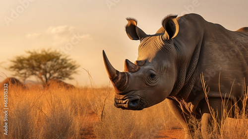 Majestic Rhinoceros in Savanna: Perfect for Wildlife Documentaries and Conservation Awareness Campaigns