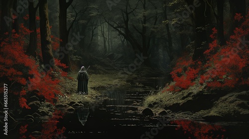 Mysterious fantasy forest with old man finding the right path