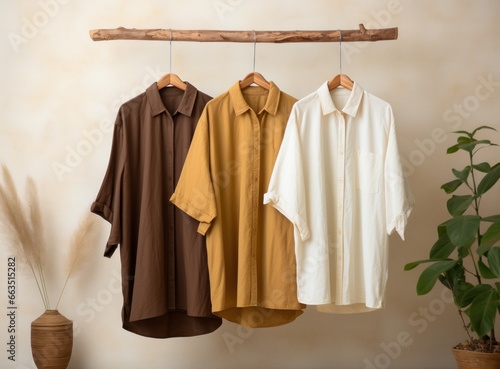 three dress shirts hanging on a wooden hanger