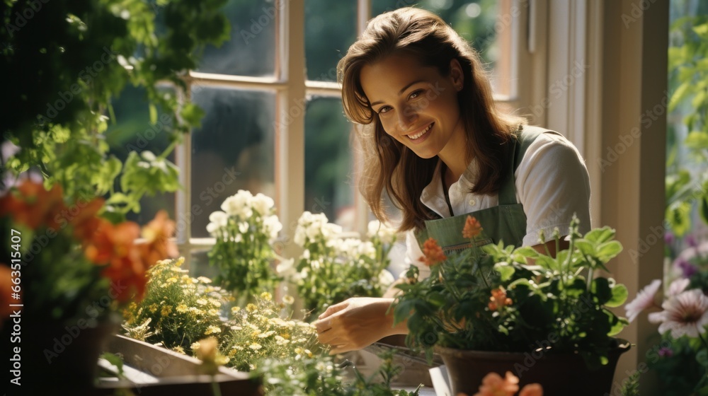 A Joyful Gardener Tending to Her Flowers In her gardening gloves and apron