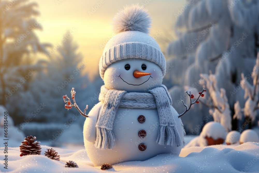 Obraz premium joyful snowman on a background of winter snow