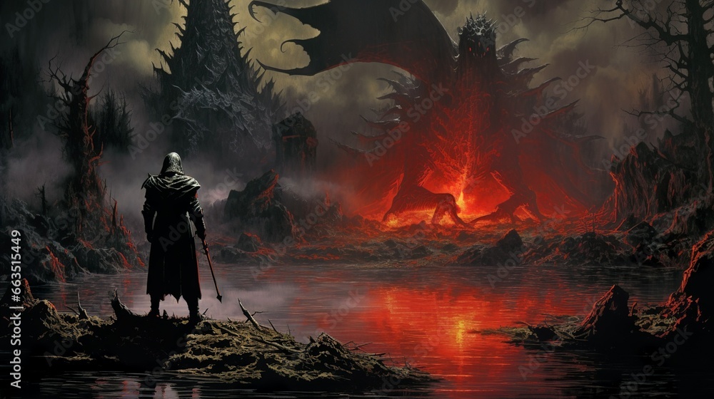 Lone dragonhunter knight against the dragon of the marshes in fantasy swamp setting scenery - obrazy, fototapety, plakaty 