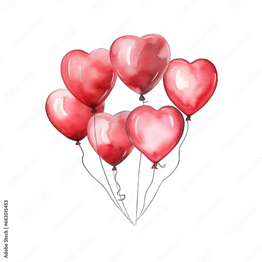 Bunch of red heart balloons, Valentine's Day illustration, isolated on transparent background
