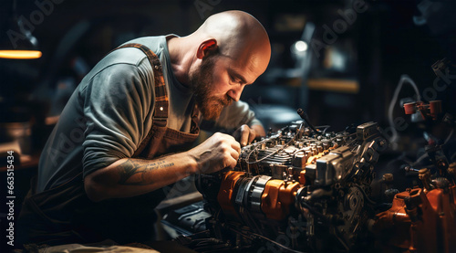 Auto mechanic carefully working on a car engine, transmission or other aggregate