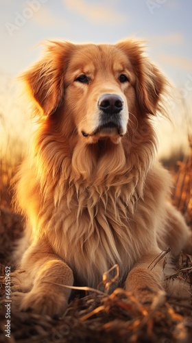 Golden retriever with a trendy lions mane cut, posing in a field © olegganko