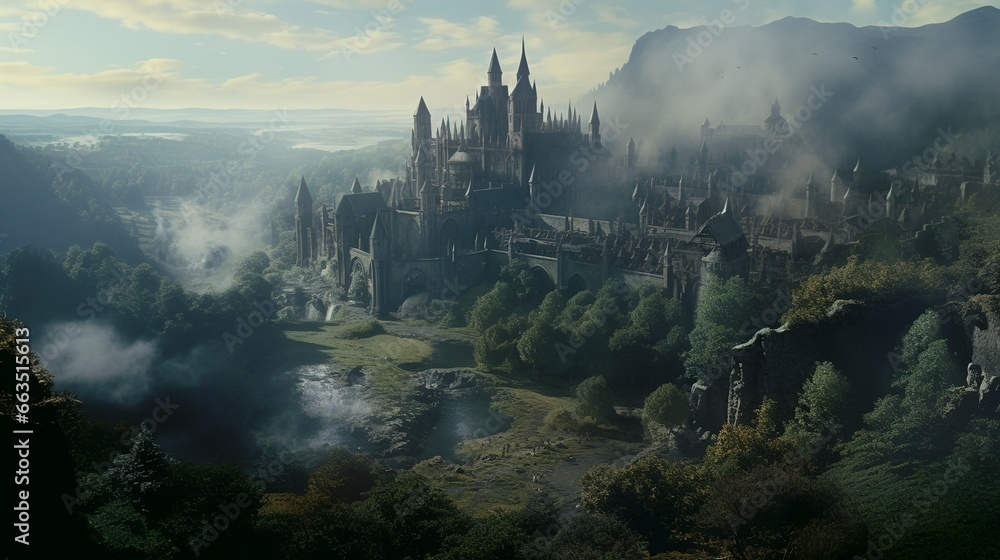 Fototapeta premium Fantasy landscape with medieval gothic style city and castle with towers and a river