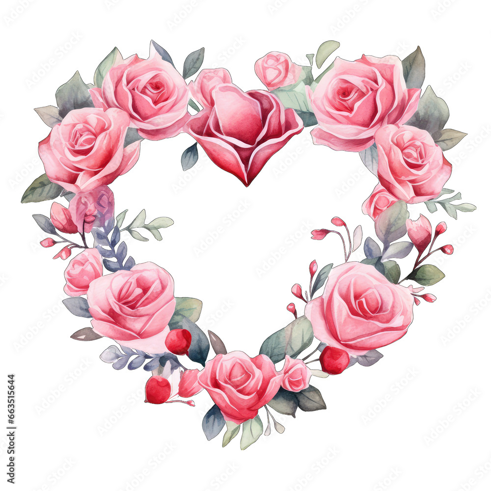 Roses in a heart shaped graphic frame, Valentine's Day illustration, isolated on transparent background