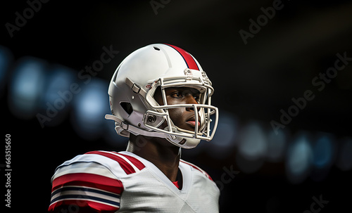 An American football player in a red and white uniform stands on a black background with bokeh. Copy space