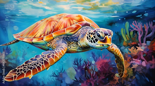 Vibrant Illustration of Hawksbill Sea Turtle Swimming Over Coral Reef - Perfect for Children’s Books, Environmental Awareness Campaigns, and Ocean-Themed Art Projects