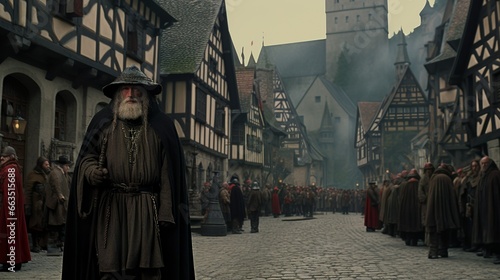 Everyday life in a medieval gothic german style street with vendors and guards