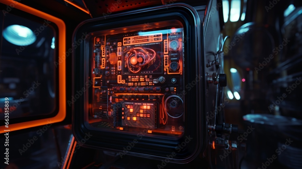 Futuristic cyberpunk terminal machine device with screen and buttons Futuristic cyberpunk terminal machine device with screen and buttons