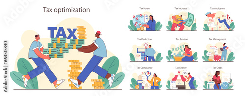 Tax optimization set. Financial efficiency, budgeting and economy idea