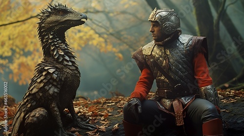 Photo Armored warrior with a scaled dragon lizard pet in a forest retro fantasy scener
