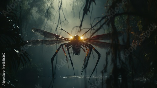 Giant bloodsucker swamp mosquito flying fantasy insect  in the marshes