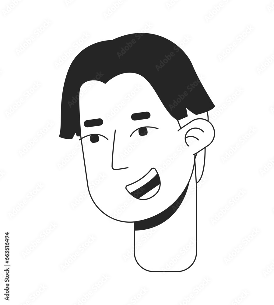 Stylish asian guy with middle part bangs black and white 2D line cartoon character head. Korean young adult man isolated vector outline person face. Curtain bangs monochromatic flat spot illustration Stylish asian guy with middle part bangs black and white 2D line cartoon character head. Korean young adult man isolated vector outline person face. Curtain bangs monochromatic flat spot illustration