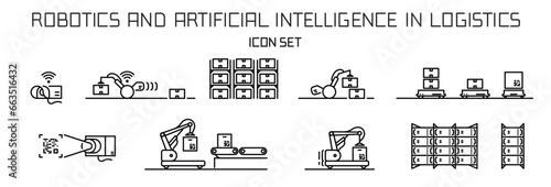 line icon set of robotics in warehouse logistics and automation, safety and technology in automated technology robot warehouse management vector icons illustrations