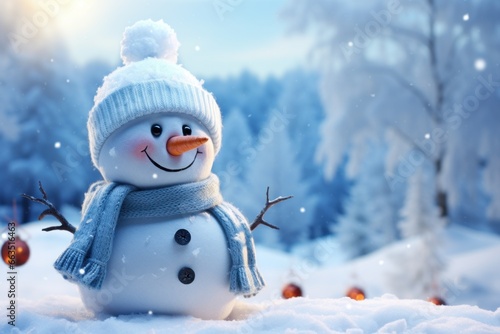 joyful snowman on a background of winter snow