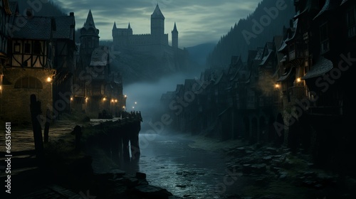 Gothic style fantasy cityscape and castle with river and bridges in medieval landscape