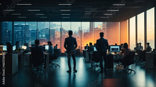 Silhouettes of business people working in modern office.