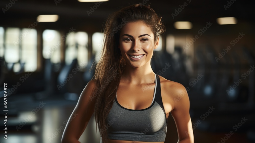 Fototapeta premium A young woman, is pictured alone in a gym wearing a sport tank top after a workout session