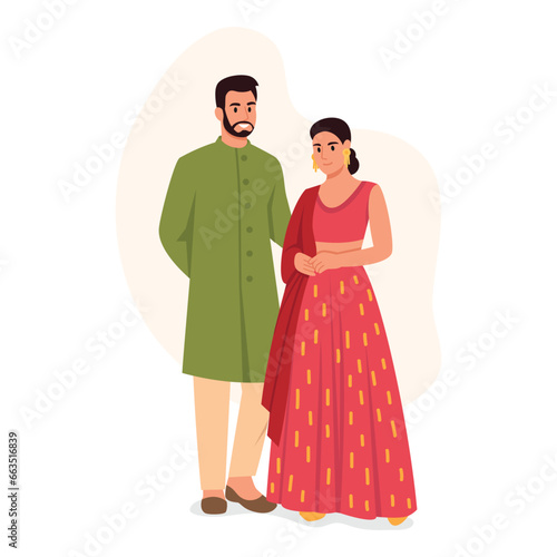 Vector illustration of a happy Indian couple in love. Cartoon scene with a smiling man hugging a woman dressed in traditional Indian clothes isolated on a white background.