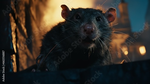 Close-up of a little intelligent rat in a dark fantasy city background 