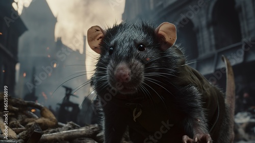 Close-up of a little intelligent rat in a dark fantasy city background 