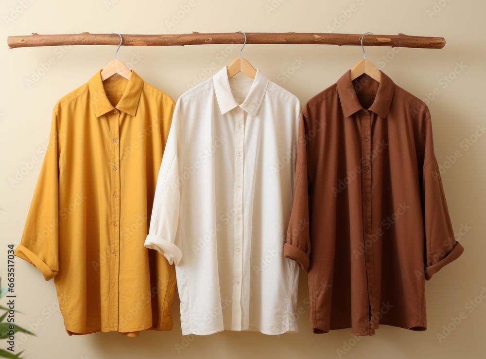 three dress shirts hanging on a wooden hanger three dress shirts hanging on a wooden hanger