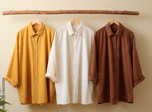 three dress shirts hanging on a wooden hanger