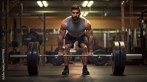 Muscular Man Exercising with Weights in Gym Deadlift