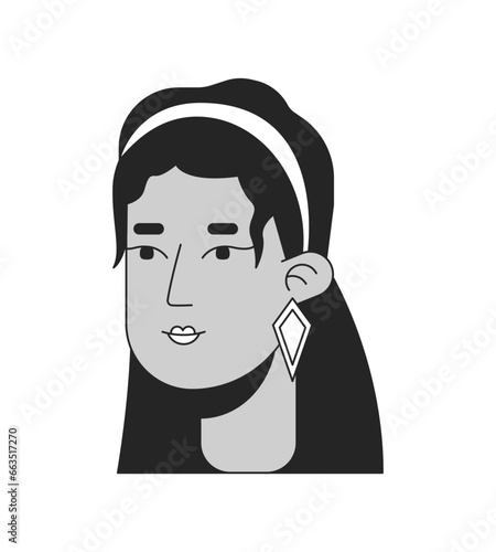 Beautiful latina woman with retro hairstyle black and white 2D line cartoon character head. 60s hairstyle female hispanic isolated vector outline person face. Monochromatic flat spot illustration