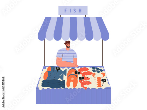 Street market fair. Outdoor market stall vector flat illustration. Local market stall with fish.