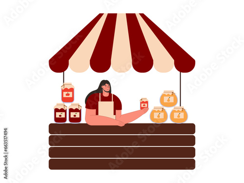 Local street market. Outdoor market stall with jam. Street festival.