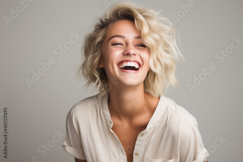 portrait of a blonde woman laughing photo